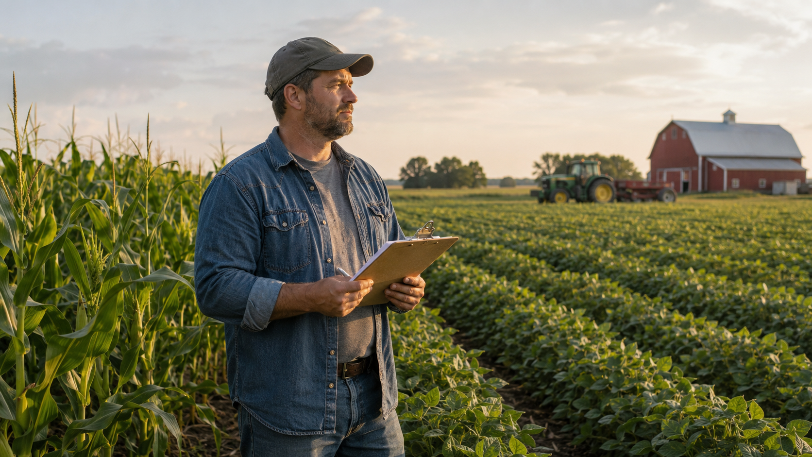 American farmer reviewing agricultural insurance documents beside corn and soybean fields