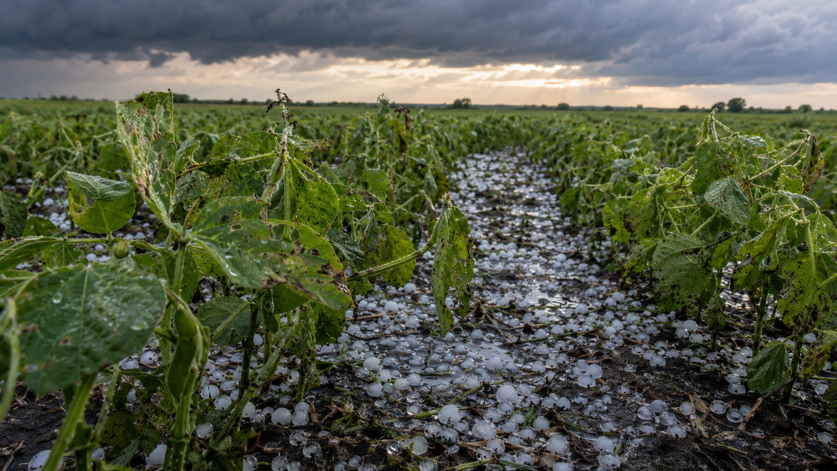 Hail-damaged soybean field after a summer storm