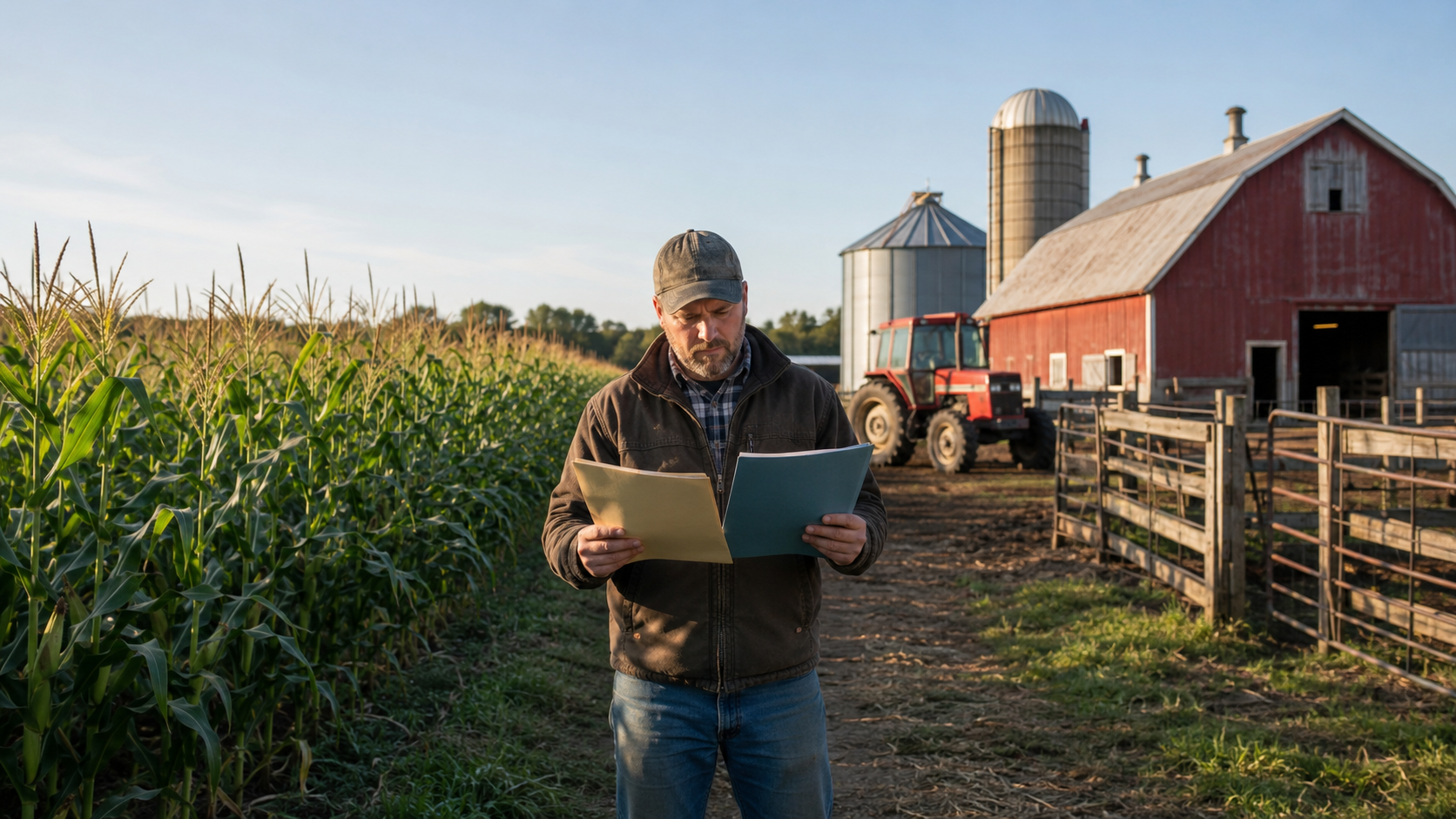 American farmer comparing crop insurance and farm insurance documents between a cornfield and farm buildings