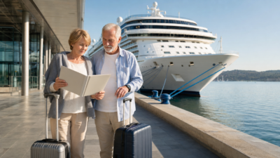 Senior cruise passengers reviewing travel documents with their luggage before boarding an unbranded cruise ship.