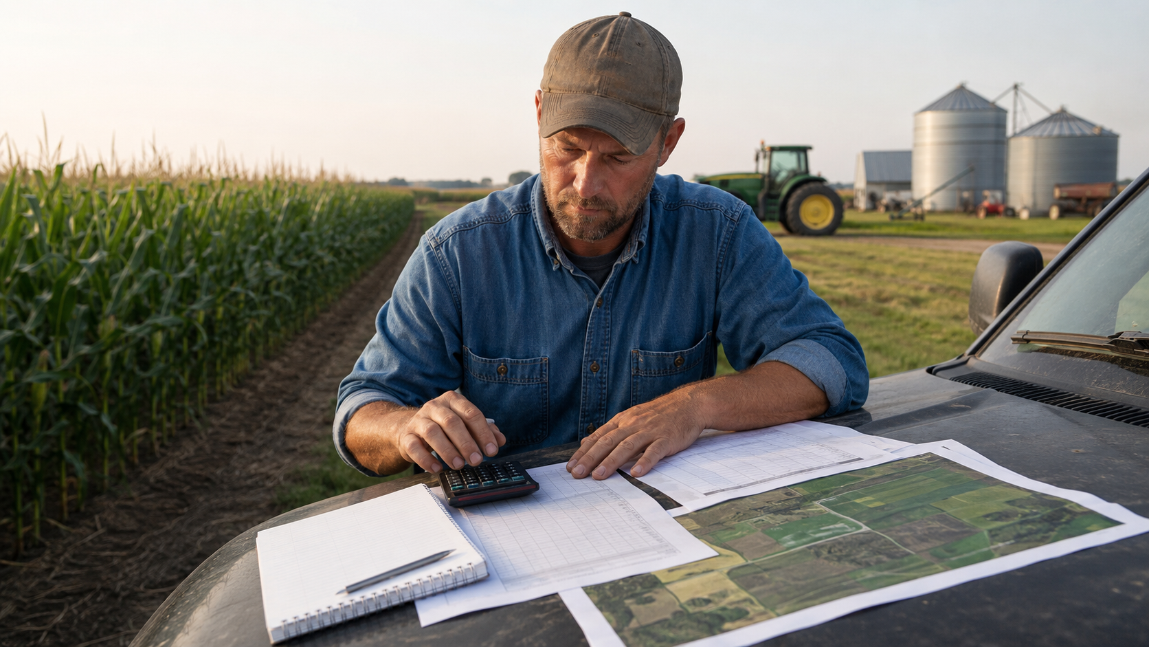 American farmer calculating crop insurance cost per acre beside a cornfield