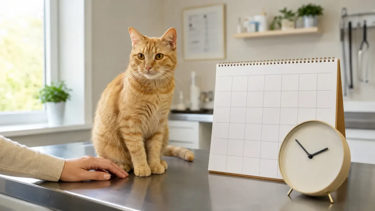 Pet insurance waiting periods represented by a cat beside a calendar and clock
