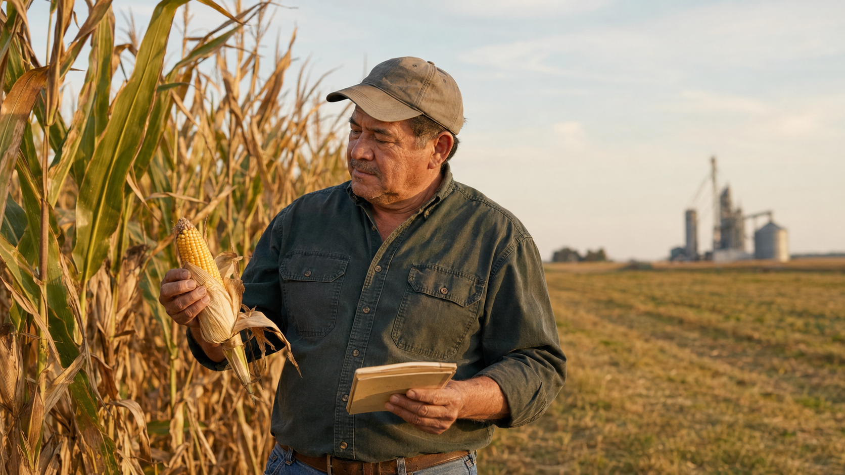 Farmer evaluating corn yield and crop insurance options