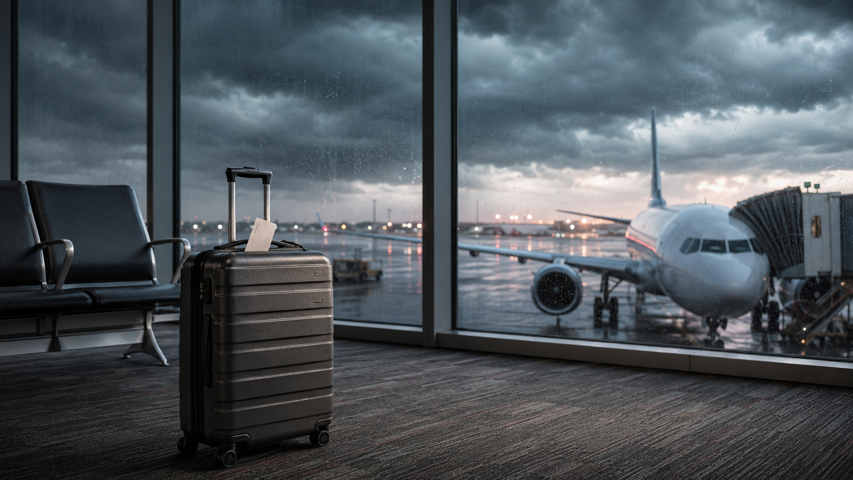 Travel insurance for flight cancellations with luggage at an airport gate