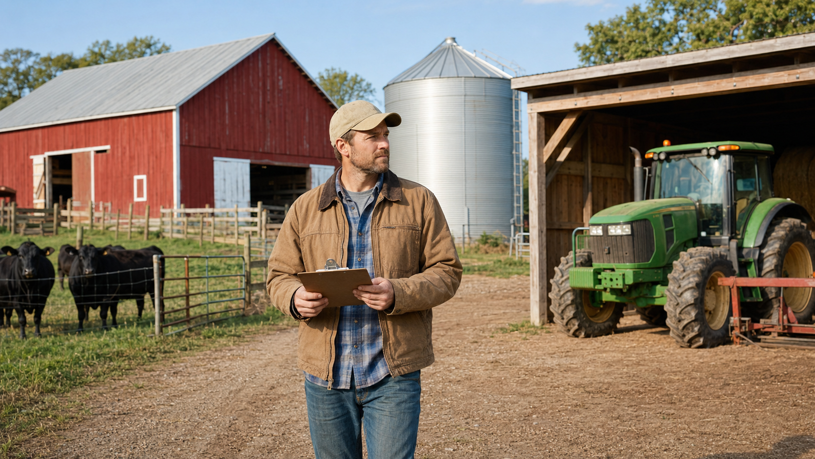American farmer inspecting a barn, tractor, grain bin and livestock covered by farm insurance