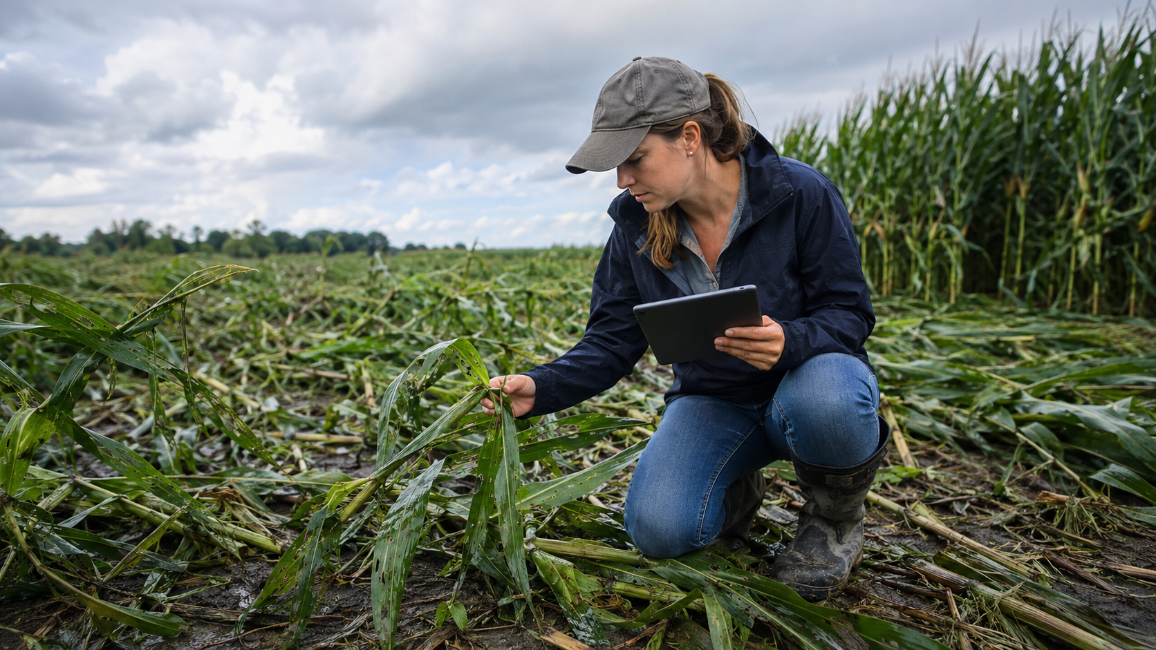Female crop specialist inspecting corn damaged by wind and hail after a severe storm